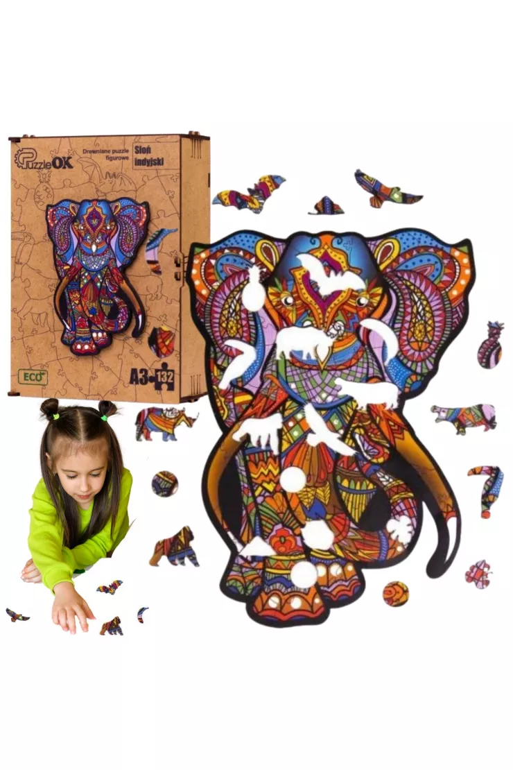 Puzzle drewniane eko 132 el. Słoń indyjski A3