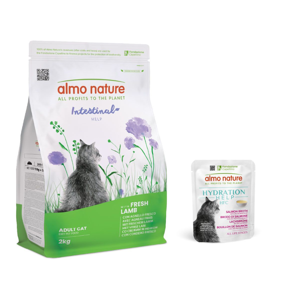 Almo Nature: Functional, karma sucha dla kota, 2 kg + HFC Hydration Help, 6 x 50 g gratis! - Intestinal Help, jagnięcina, 2 kg + Bulion z łososia z filetem z łososia, 6 x 50 g