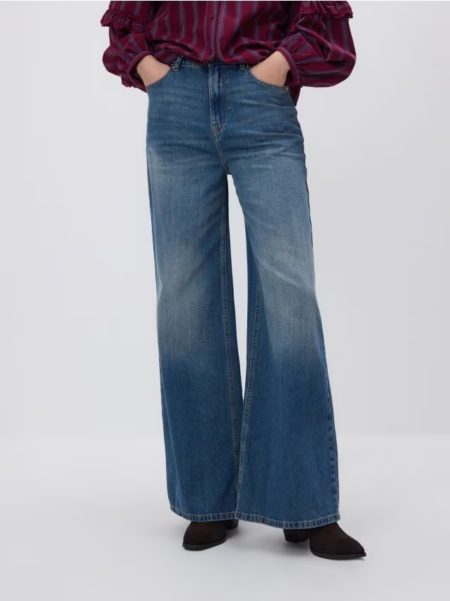 Reserved - Jeansy wide leg z przetarciami - indigo jeans