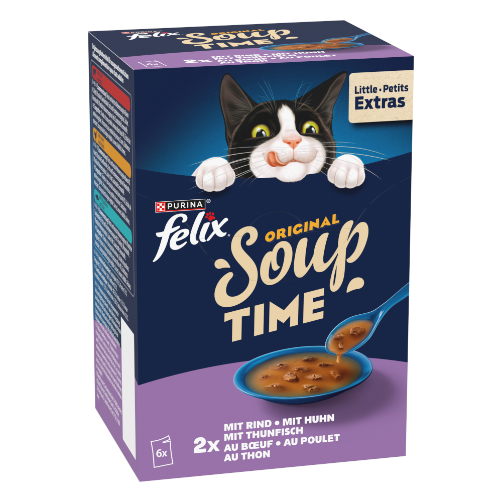 18 + 6 gratis! Felix, karma uzupełniająca, 24 x 40 g / 24 x 48 g - Soup Time Original,  różnorodność smaków, 24 x 48 g