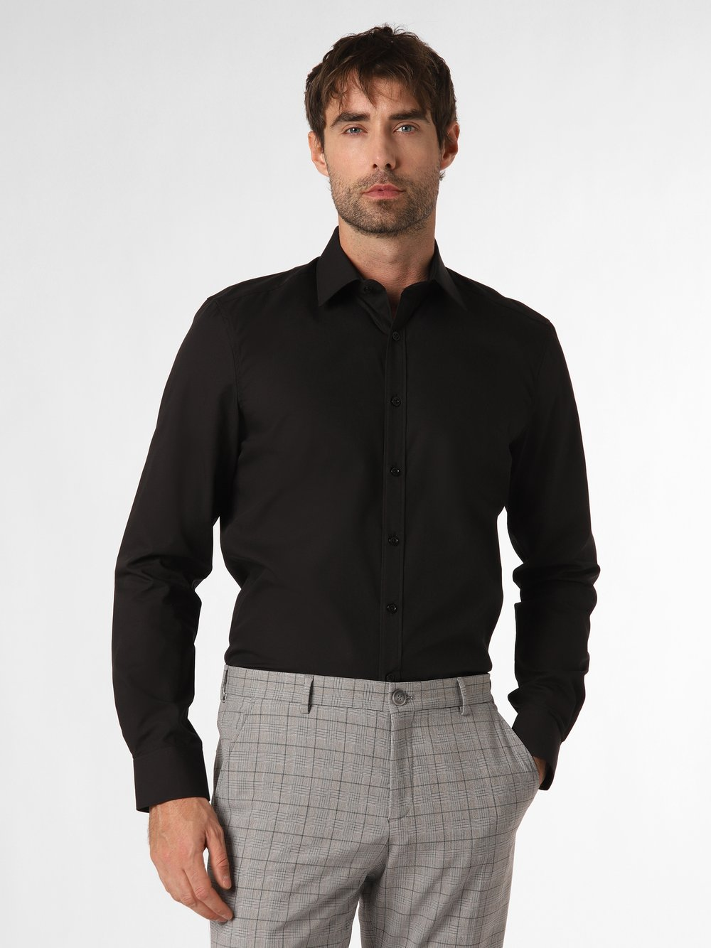 Finshley & Harding Koszula męska łatwa w prasowaniu Mężczyźni Slim Fit Bawełna czarny kołnierzyk kent, 40
