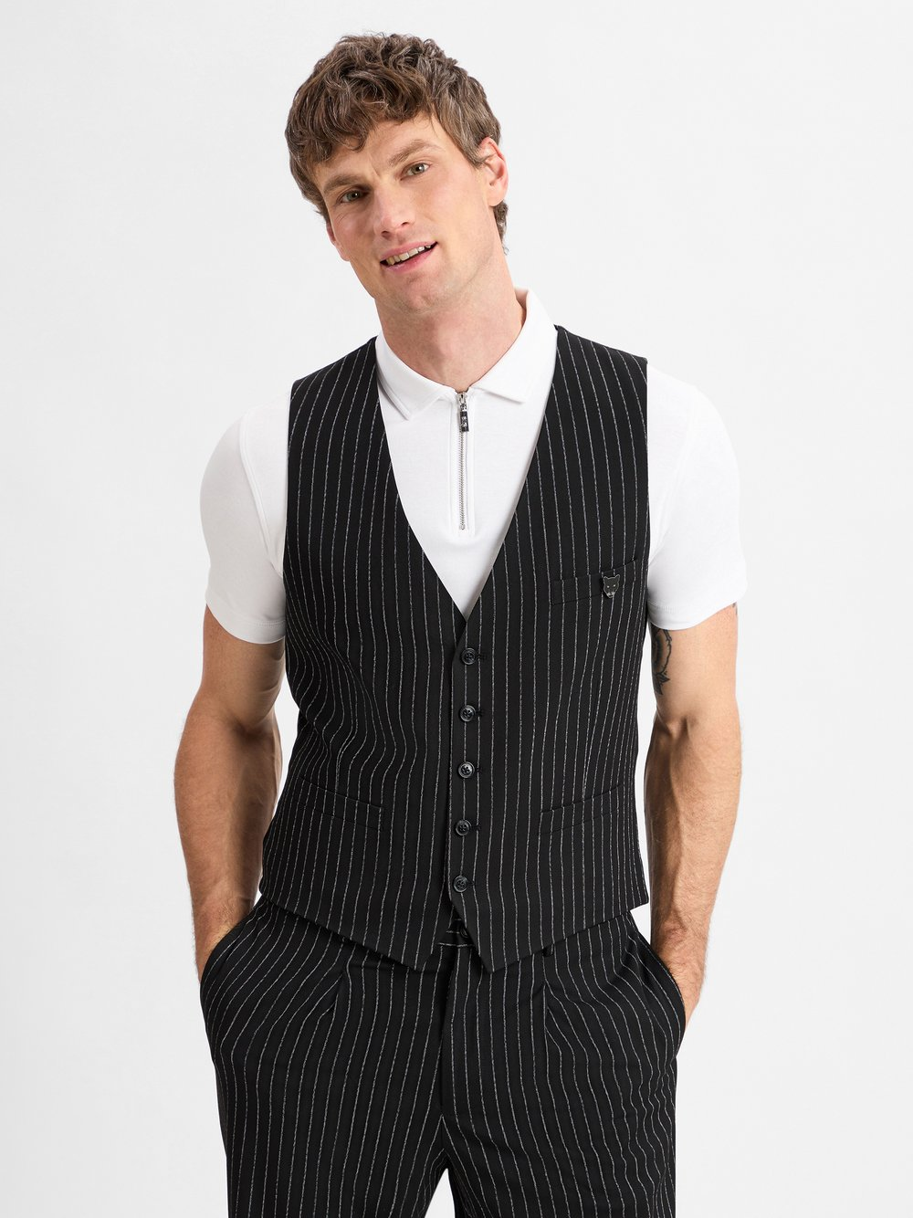 Finshley & Harding London Kamizelka męska Mężczyźni Slim Fit Sztuczne włókno czarny, 48
