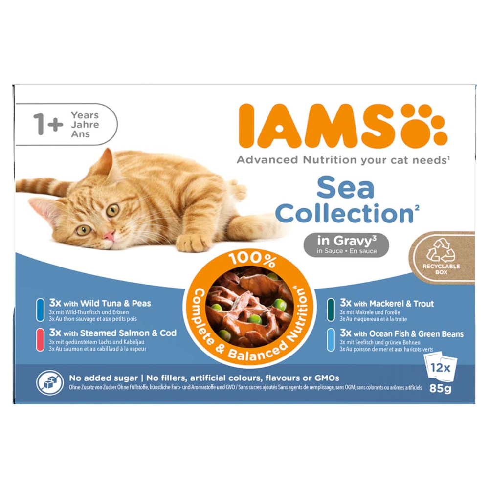 36 + 12 gratis! IAMS Advanced Nutrition, karma mokra dla kota, 48 x 85 g - Adult, rybne smaki w sosie