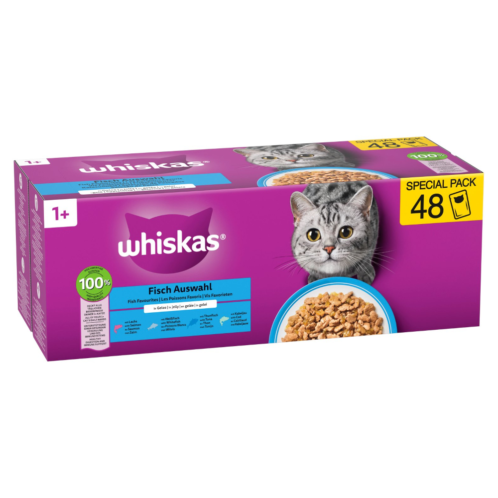 Pakiet mieszany Whiskas 1+ Adult, saszetki, 48 x 85 g - Wybór dań rybnych w galarecie