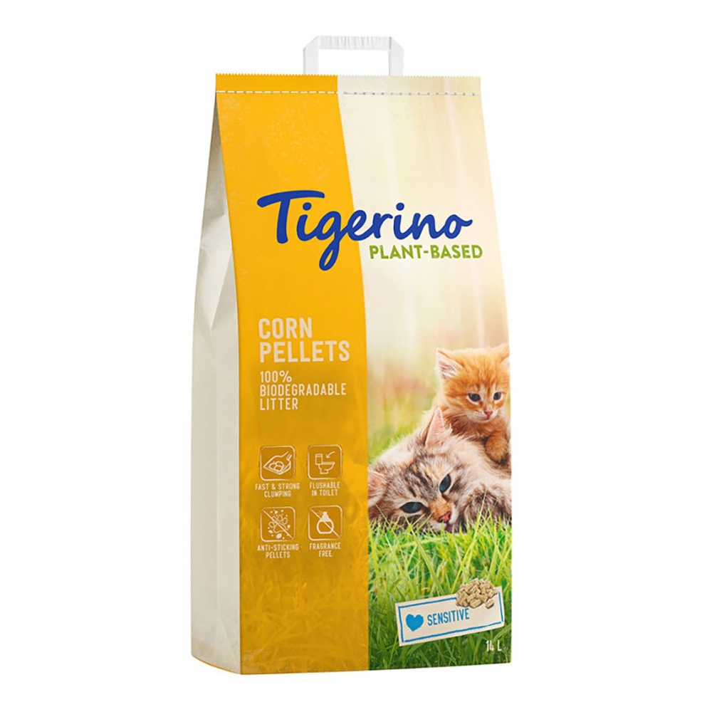 Korzystny pakiet Tigerino Plant-Base żwirek dla kota w super cenie! - Na bazie kukurydzy - Sensitive, bezzapachowy,  2 x 14 l
