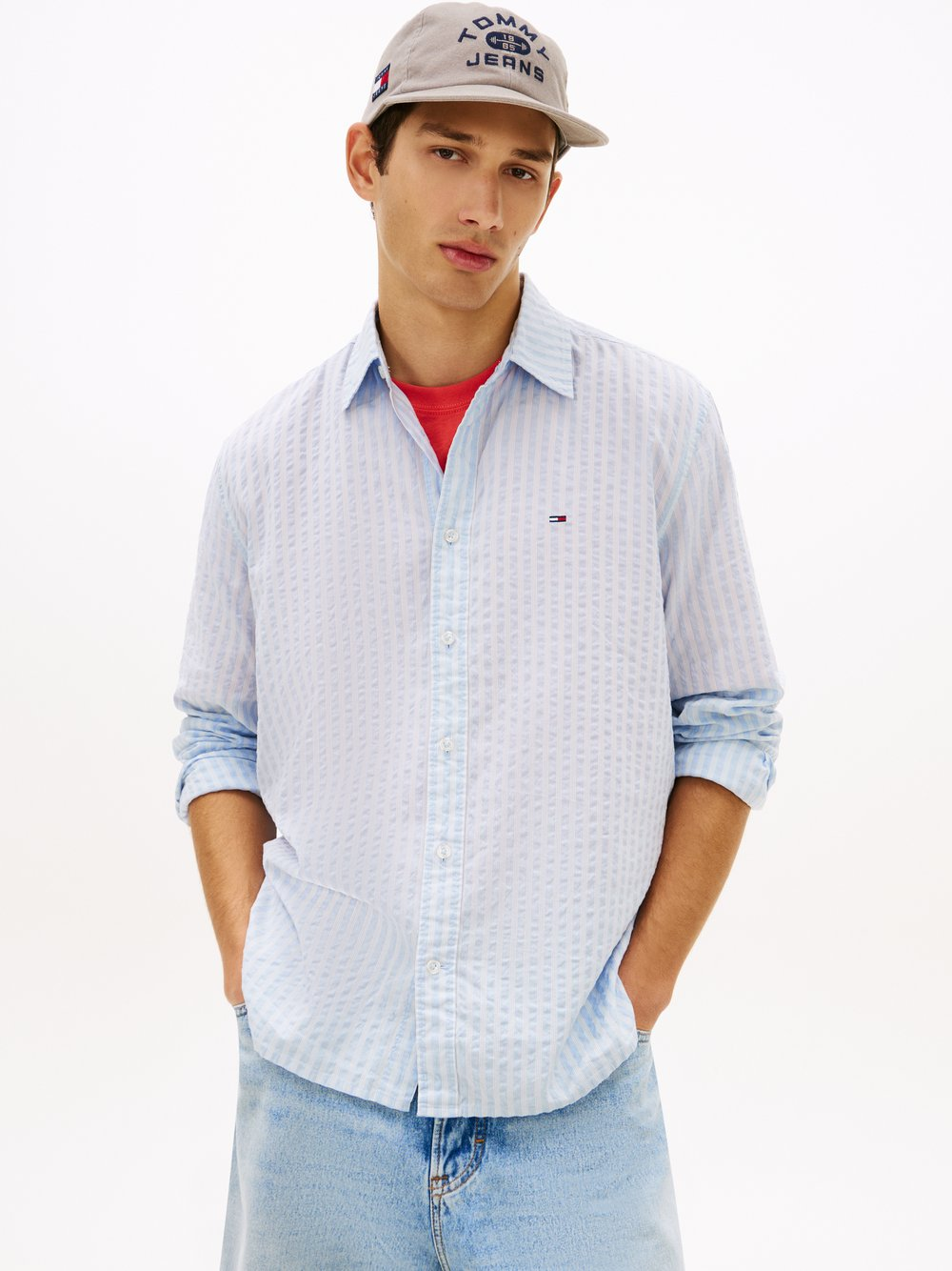 Tommy Jeans Męska koszula casual Mężczyźni Comfort Fit Bawełna niebieski, M