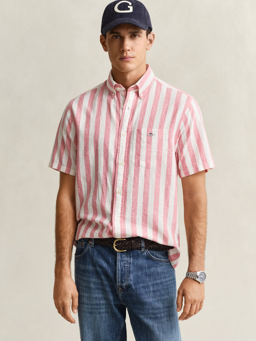 Gant Męska koszula z krótkim rękawem z lnu Mężczyźni Regular Fit Bawełna różowy, XXL