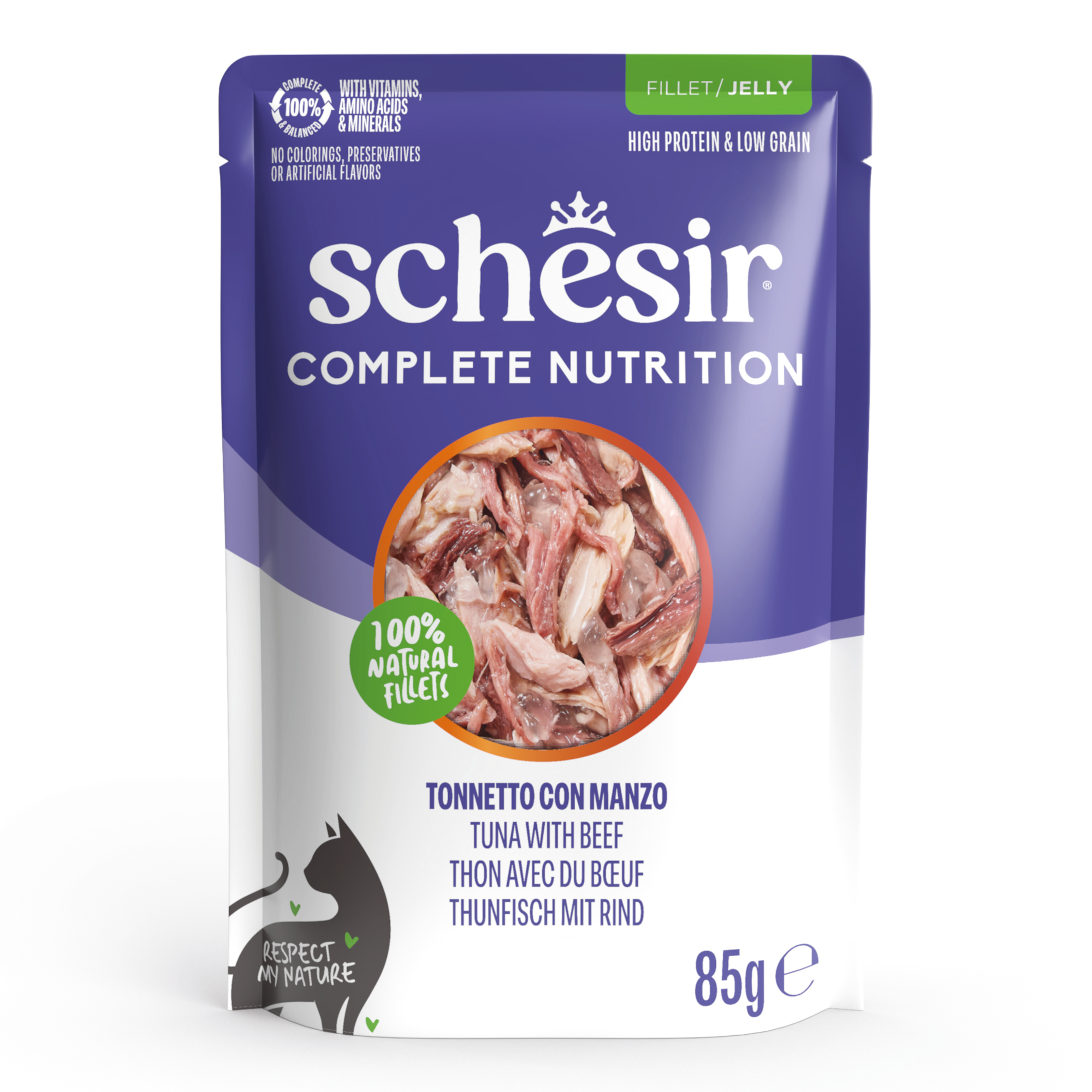 Schesir Complete Nutrition, filet w galarecie, 12 x 85 g - Tuńczyk z wołowiną