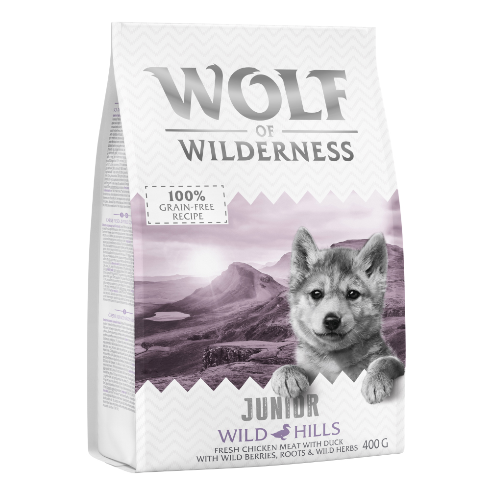 Pakiet próbny Wolf of Wilderness - bez zbóż - Junior Wild Hills, kaczka, 400 g