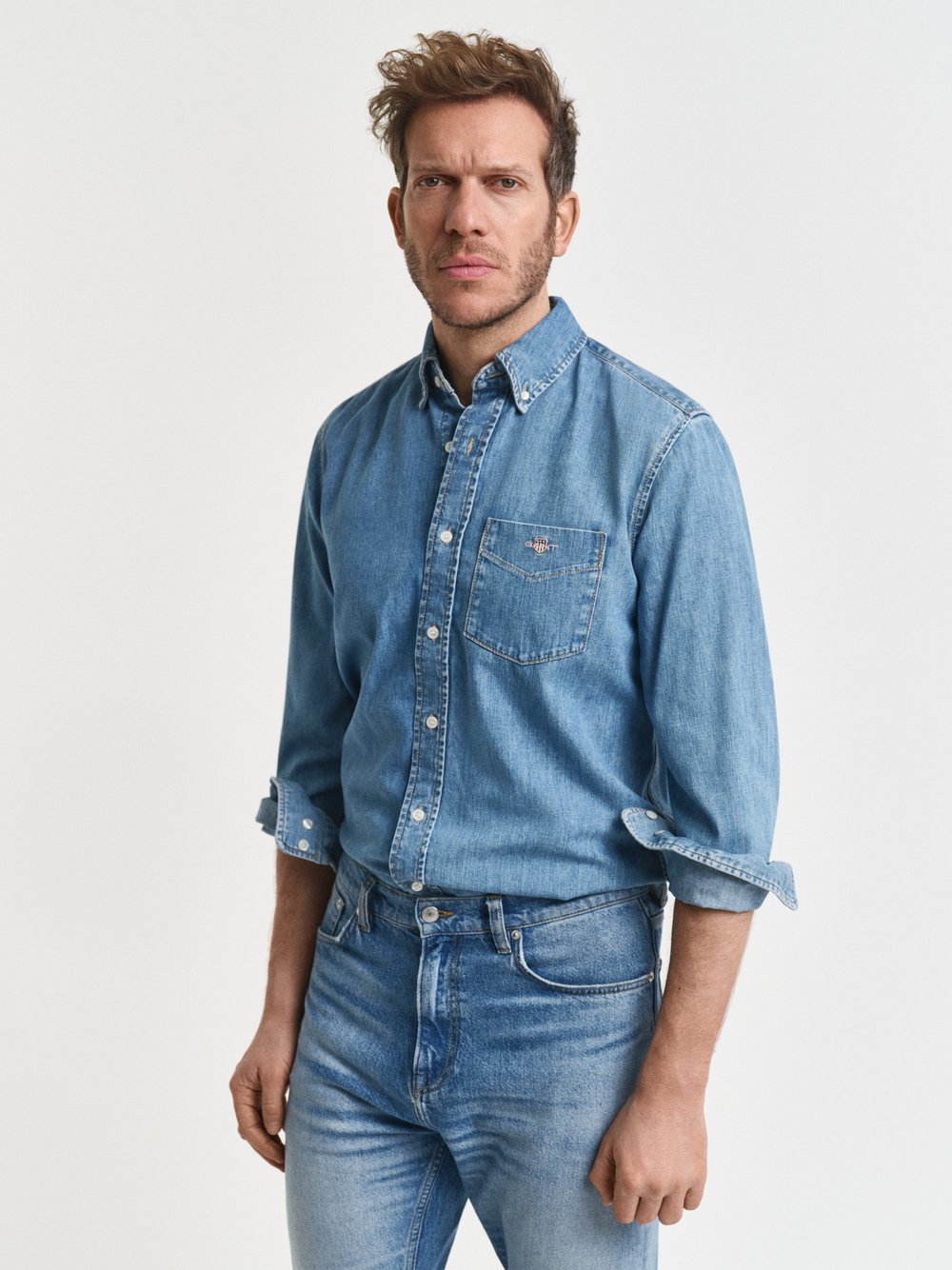 Gant Męska koszula dżinsowa Mężczyźni Regular Fit Bawełna niebieski, M