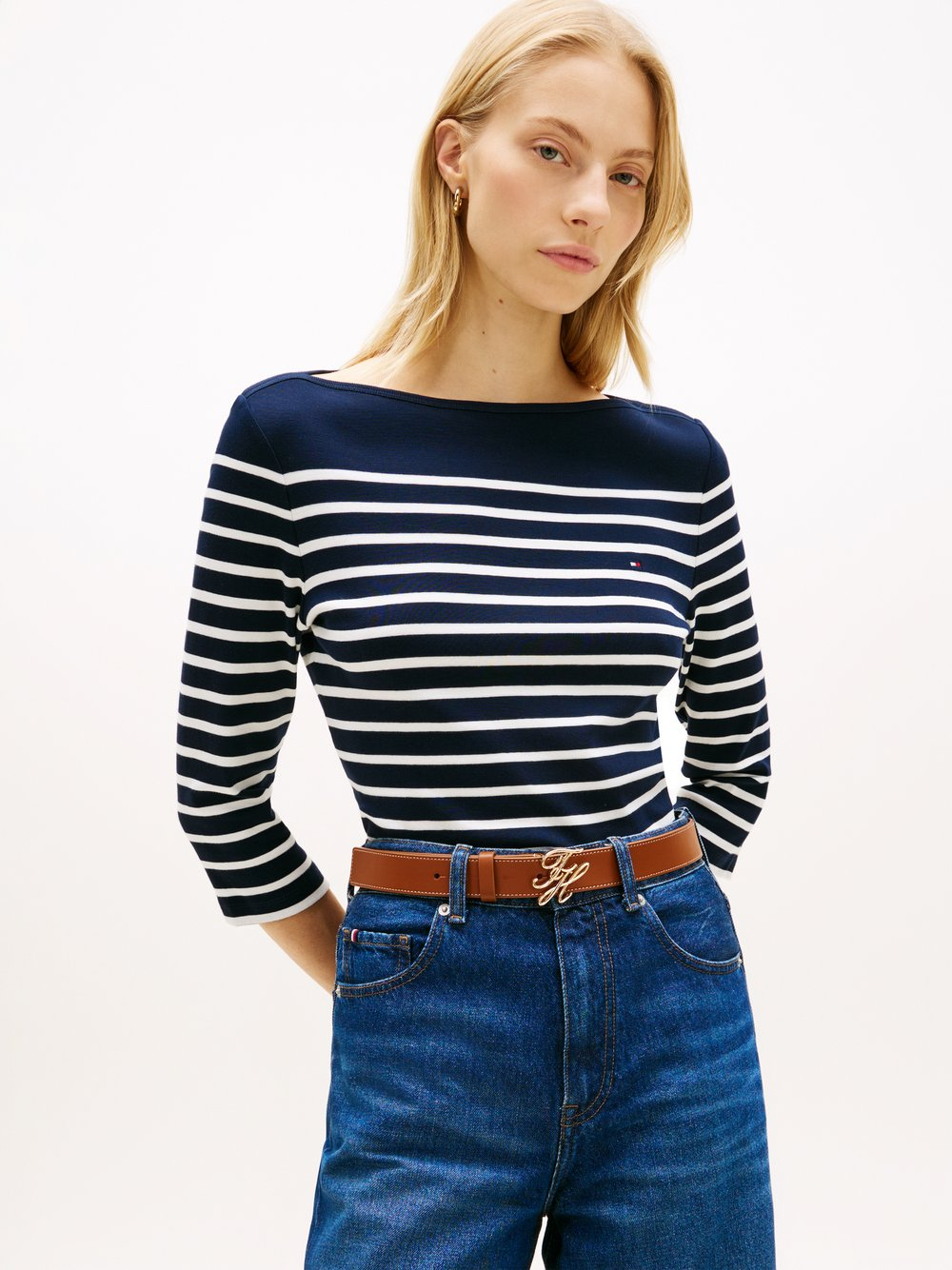 Tommy Hilfiger Damska koszulka o długości 3/4 Kobiety Bawełna niebieski|biały, XL
