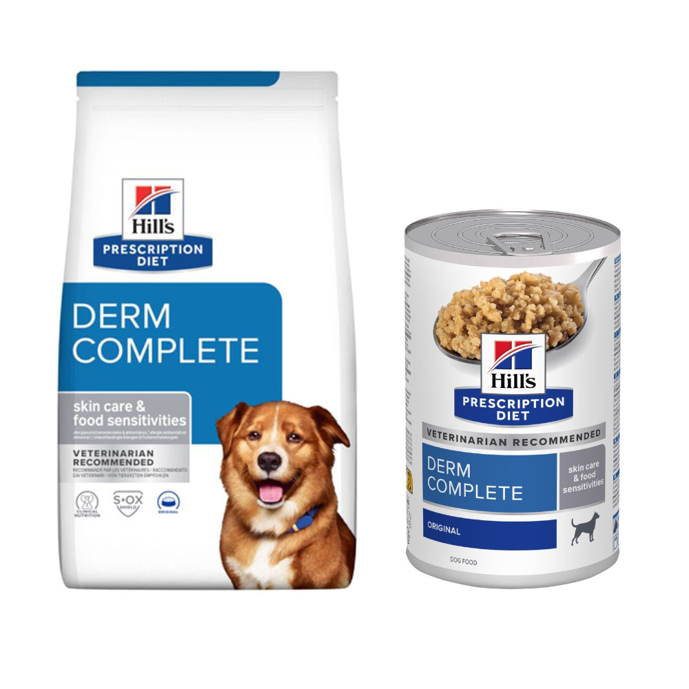Hill's Prescription Diet: karma sucha, 12 kg + karma mokra, 3 x 360 g / 370 g gratis! - Derm Complete, ryż i jajko + Derm Complete, 3 x 370 g