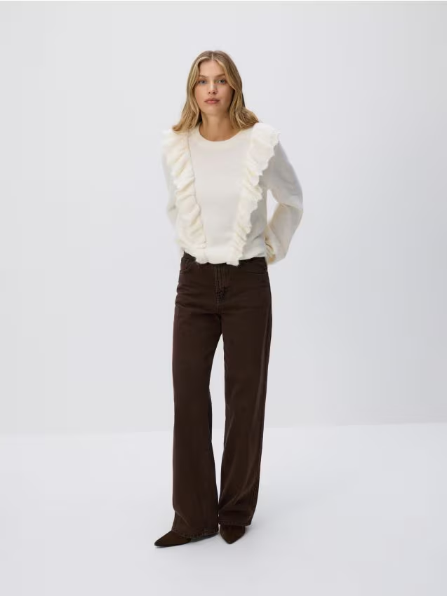 Reserved - Sweter z falbankami - kremowy