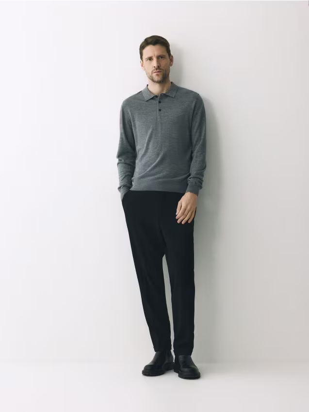 Reserved - Wełniany sweter polo - ciemnoszary
