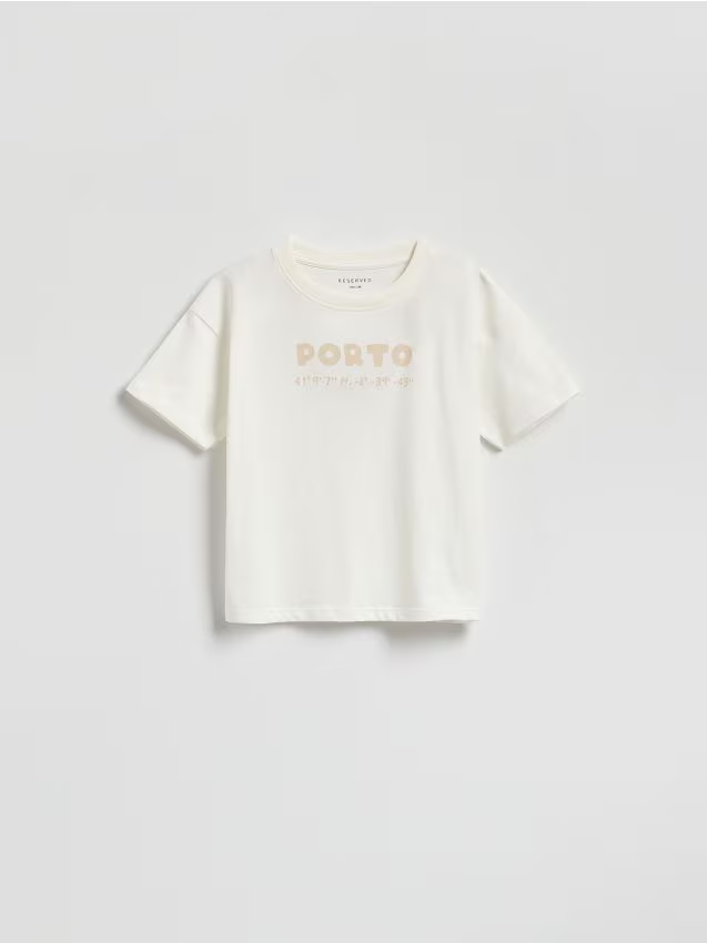Reserved - Bawełniany t-shirt z nadrukiem - złamana biel