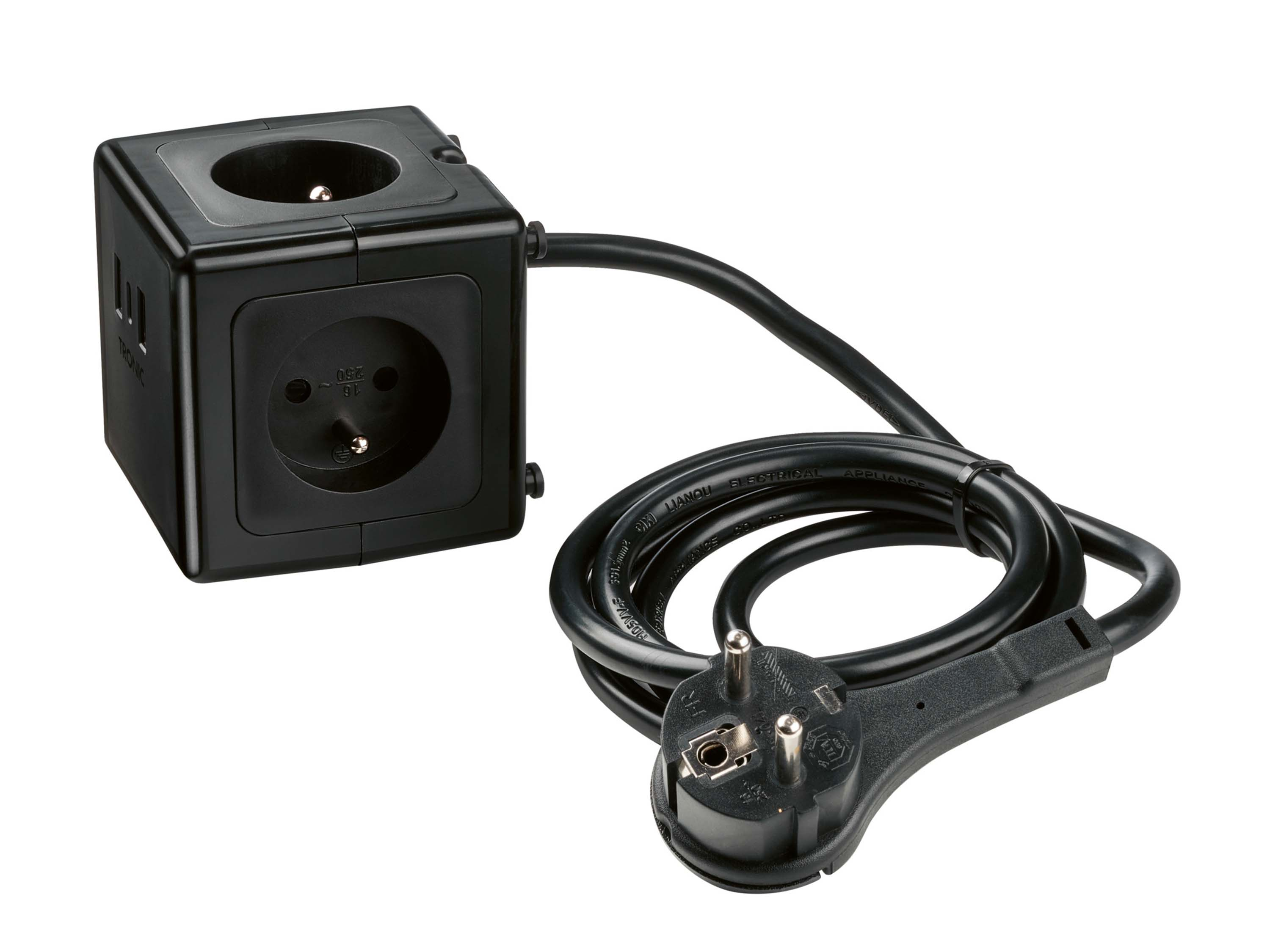 TRONIC® Przedłużacz kostka z gniazdkami i portami USB (Czarny)