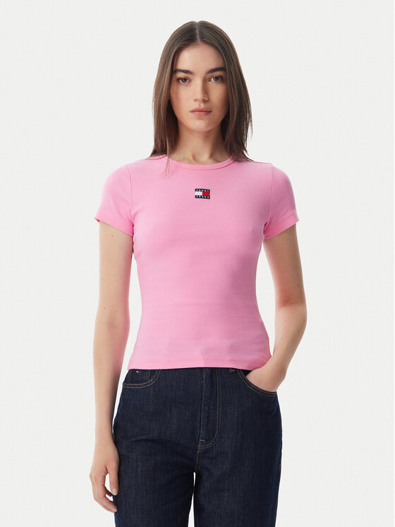 Tommy Jeans T-Shirt Badge DW0DW17881 Różowy jasny Slim Fit
