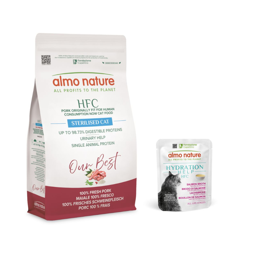 Almo Nature HFC: karma sucha, 1,2 kg + Hydration Help, 6 x 50 g gratis! - Adult Sterilized, wieprzowina + Bulion z łososia z filetem z łososia