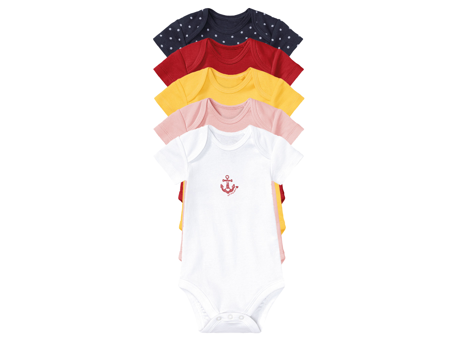 lupilu® Body niemowlęce z biobawełny, 5 sztuk (50/56, Biały/żółty/czerwony/różowy/granatowy)