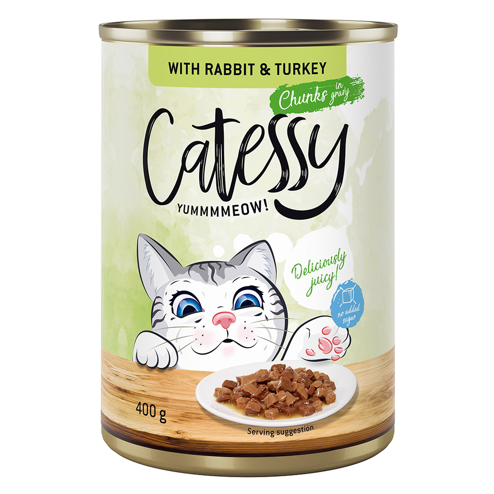 Pakiet Catessy Kawałeczki w sosie i galarecie, 24 x 400 g -  Z królikiem i indykiem w sosie