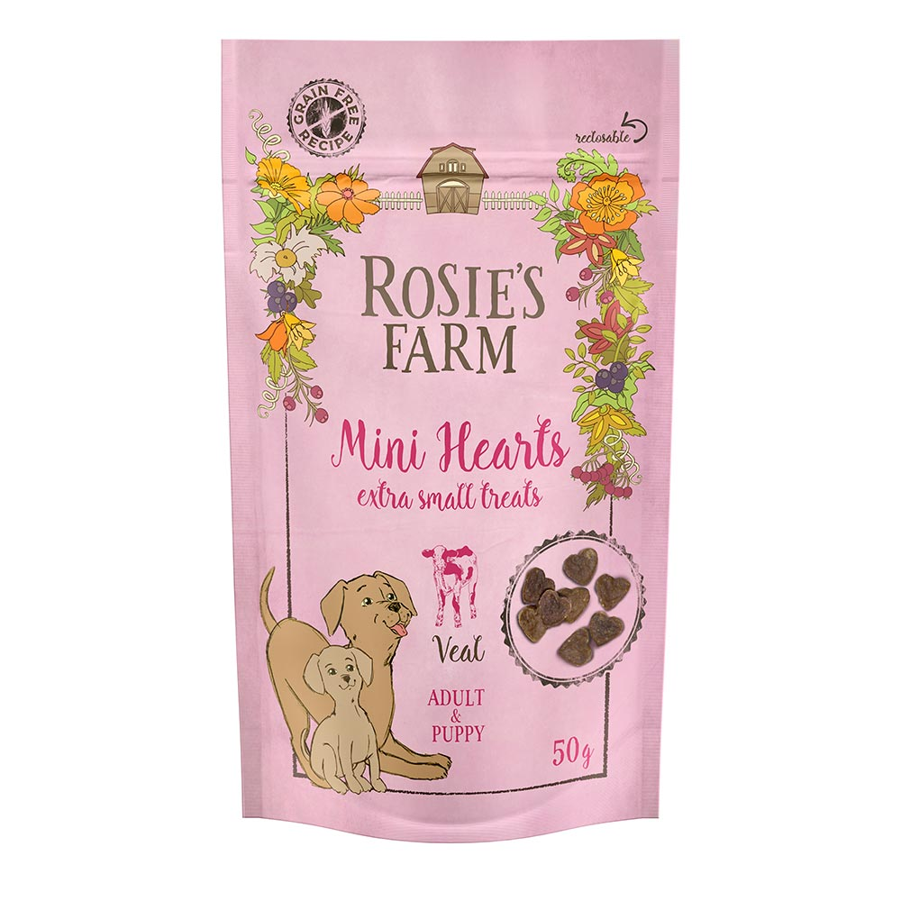 Rosie's Farm Puppy & Adult "Mini Hearts", cielęcina - 5 x 50 g