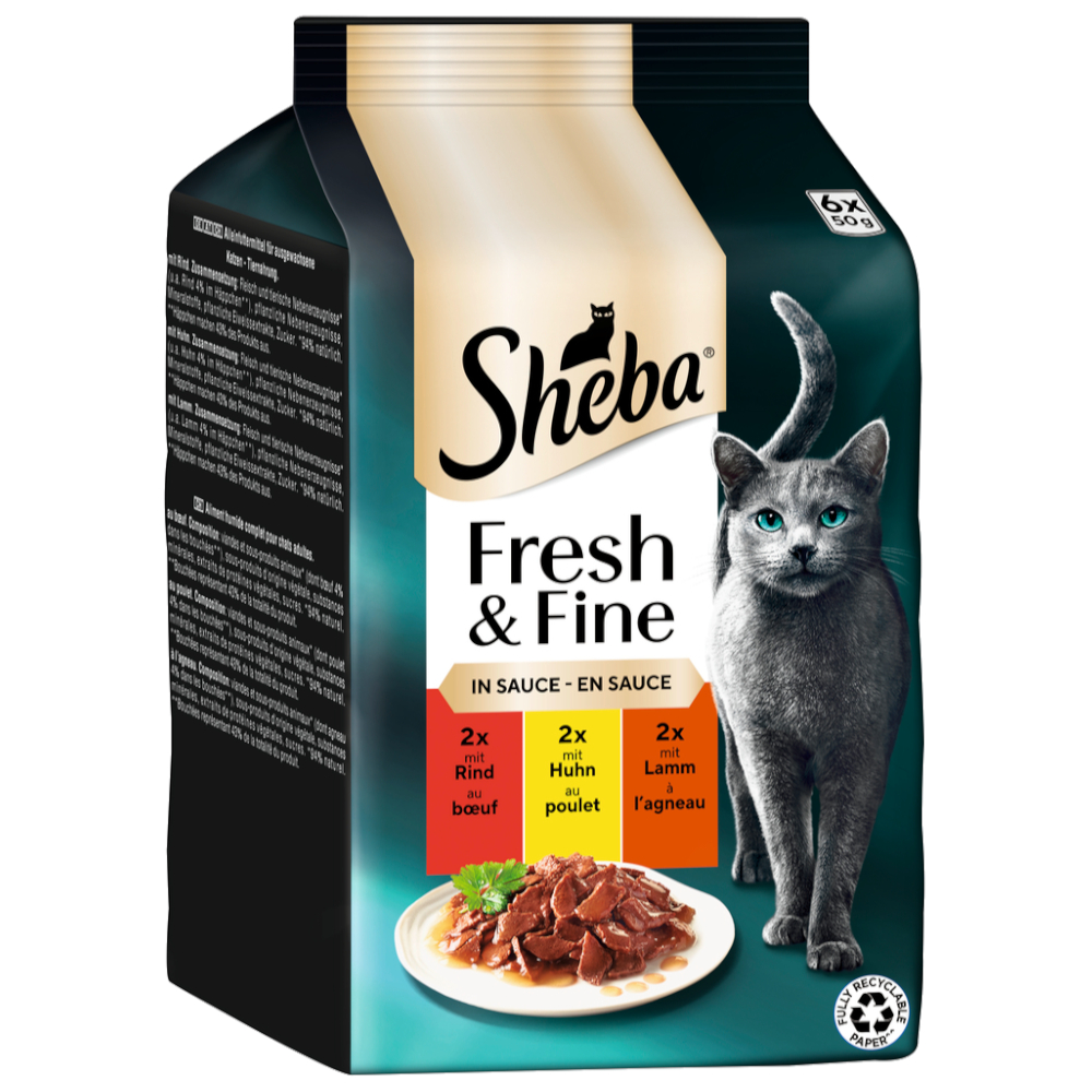 Sheba Fresh & Fine, 6 x 50 g - Wołowina, kurczak i jagnięcina w sosie