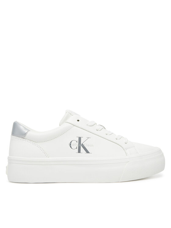 Calvin Klein Sneakersy Vulc Flatf Lth Silver Logo Tag YW0YW01877 Biały