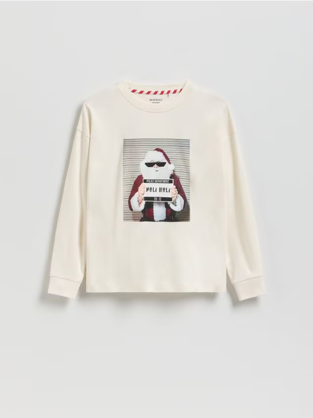 Reserved - Świąteczny longsleeve z nadrukiem - złamana biel miniaturka