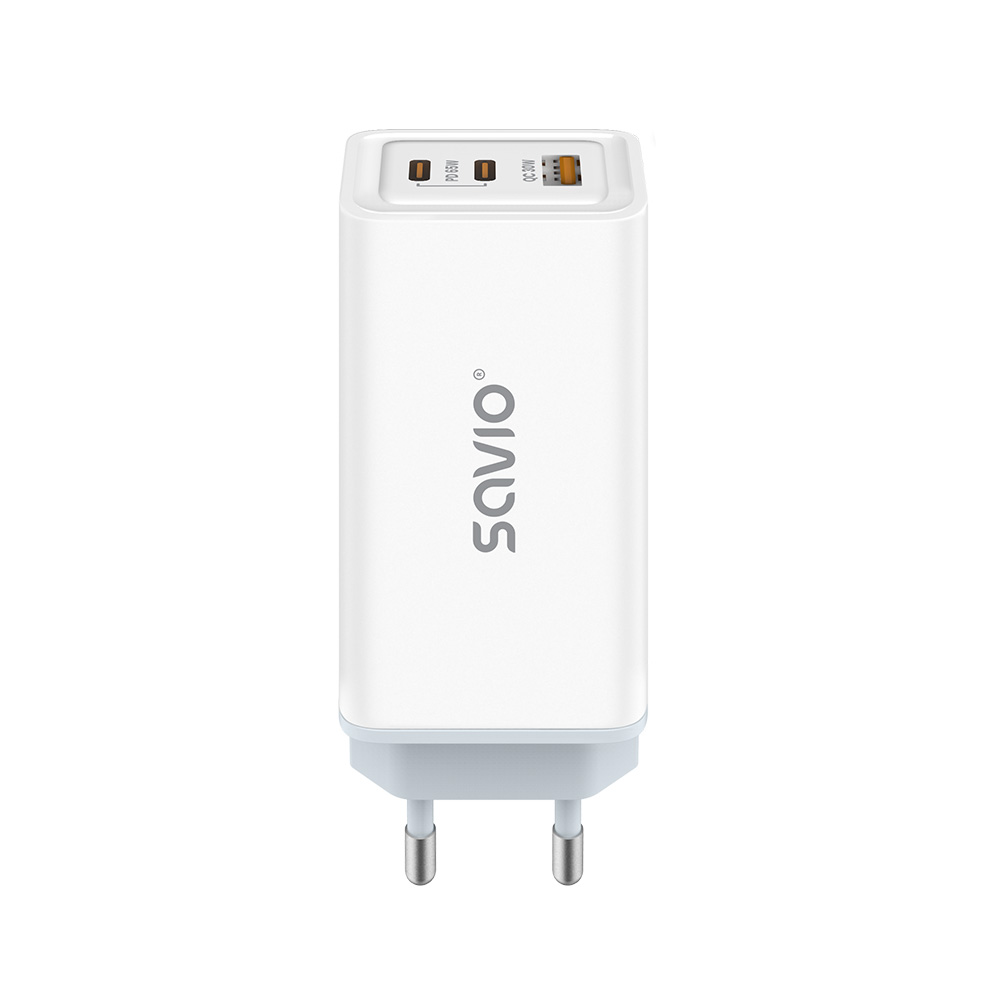 Ładowarka sieciowa GaN Savio LA-07, 1 x USB-A, 2 x USB-C, QC 4,0+, PD 3.0, 65W, biała