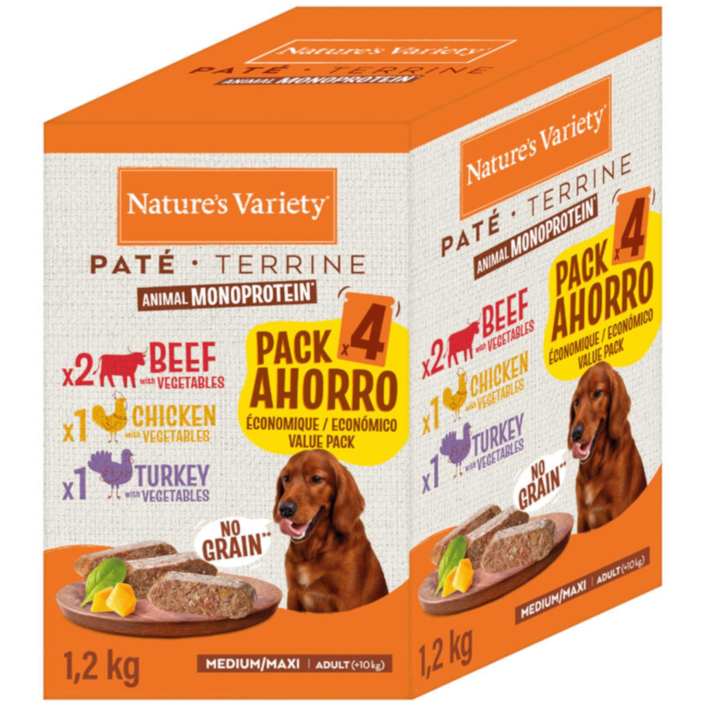 Pakiet mieszany Nature's Variety Paté No Grain Adult Medium/Maxi - Wołowina, kurczak, indyk, 16 x 300 g
