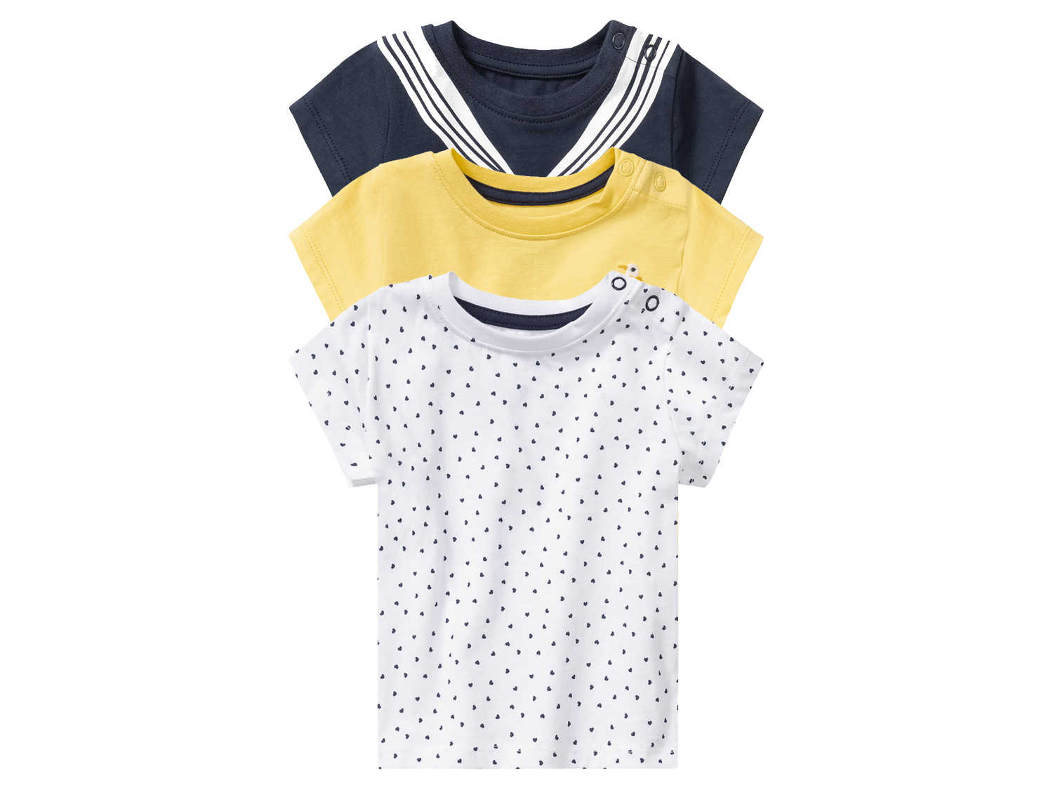 lupilu® T-shirty niemowlęce z biobawełny, 3 sztuki (62/68, Biały/żółty/granatowy)