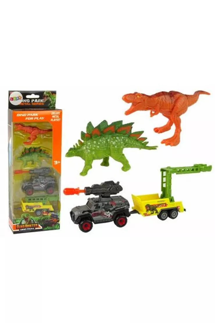 Zestaw dinozaury 2 szt+ auto z rakietą+ przyczepa