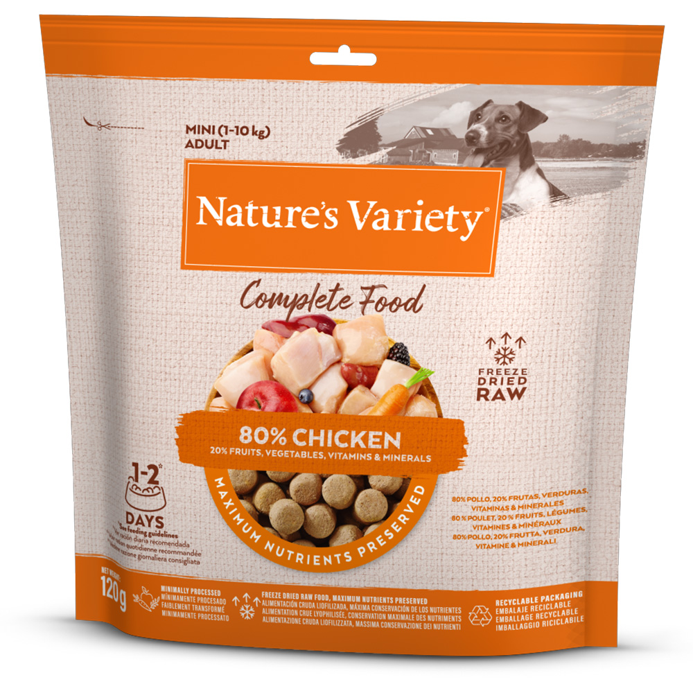 2 + 1 gratis! Nature's Variety, karma sucha/przysmaki dla psa, różne rodzaje - Mini, liofilizowana karma pełnoporcjowa dla małych psów, kurczak, 3 x 120 g