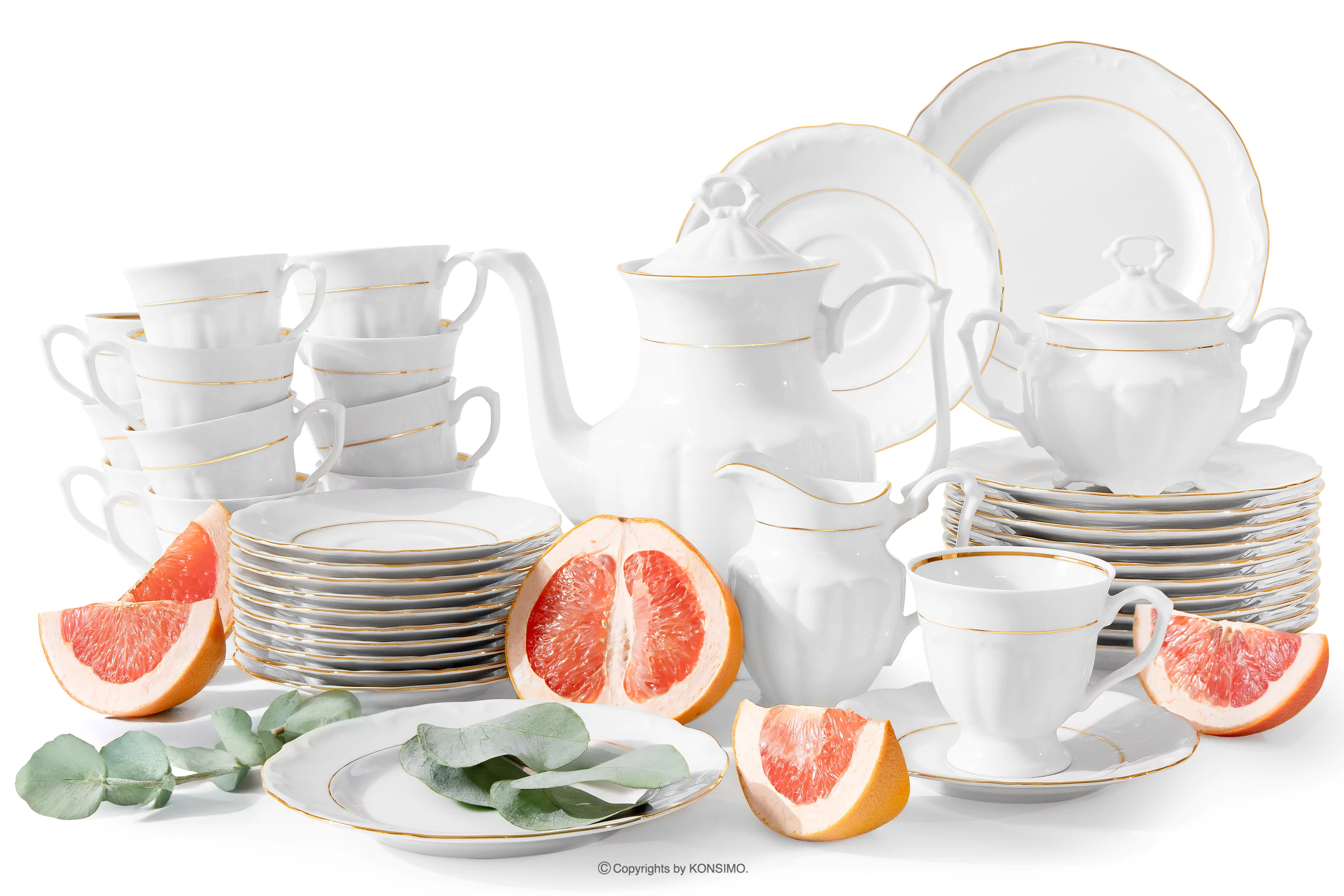 Klasyczny zestaw kawowy z porcelany 12 os. (39 el.) biały/złota linia MARIA TERESA ZŁOTA LINIA
