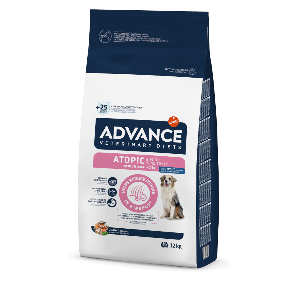 11 + 1 kg gratis! Advance Veterinary Diets, karma sucha dla psa, 12 kg - Atopic, pstrąg, 12 kg