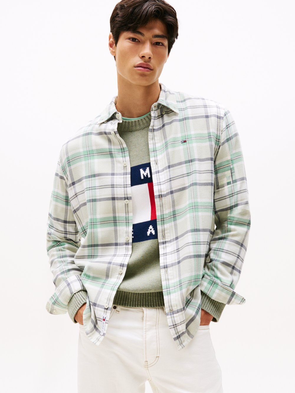 Tommy Jeans Męska koszula casual Mężczyźni Regular Fit Bawełna zielony|szary|biały, S