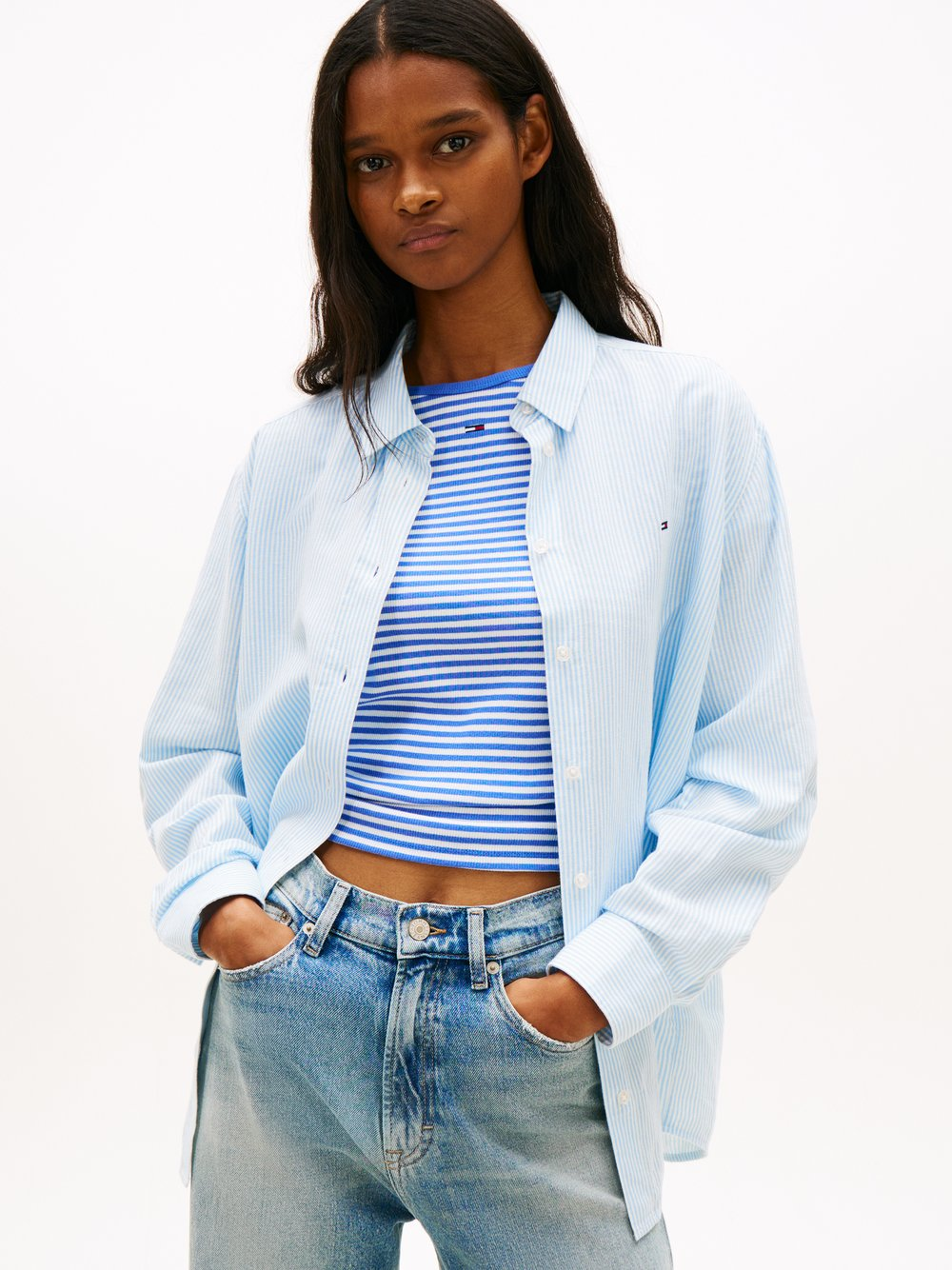 Tommy Jeans Damska bluzka koszulowa z zawartością lnu Kobiety Bawełna niebieski, M