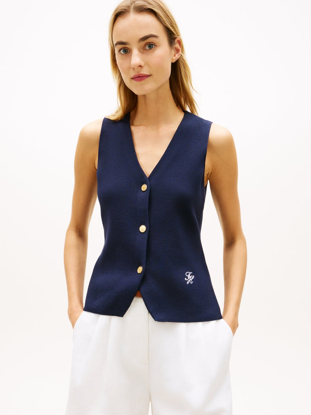 Tommy Hilfiger Damska kamizelka z dzianiny - Full Needle Slim Vest Kobiety Bawełna (100%) niebieski, M