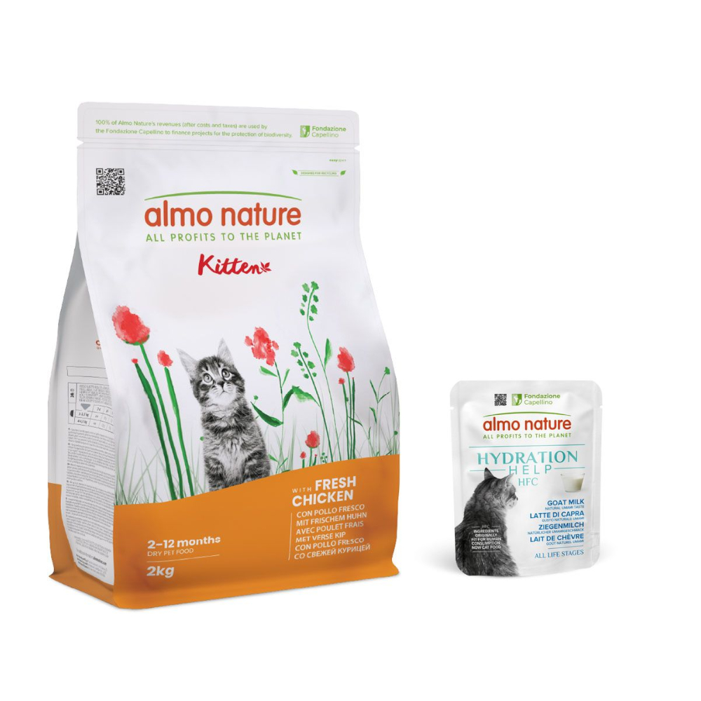 Almo Nature: Functional, karma sucha dla kota, 2 kg + HFC Hydration Help, 6 x 50 g gratis! - Kitten kurczak z ryżem, 2 kg + Kozie mleko, 6 x 50 g