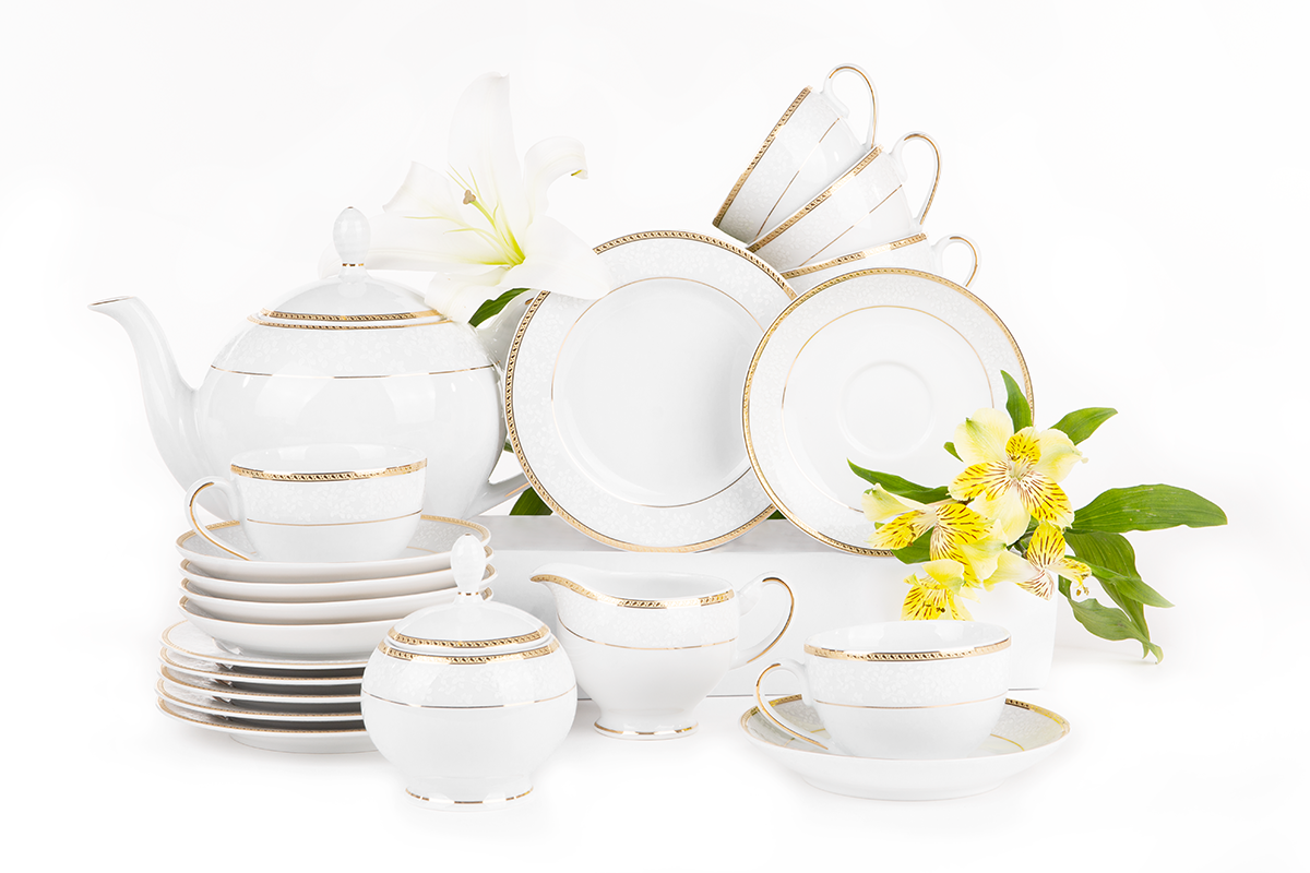 Serwis herbaciany polska porcelana 6 os. 15 elementów biały / złoty wzór NEW HOLLIS GOLD
