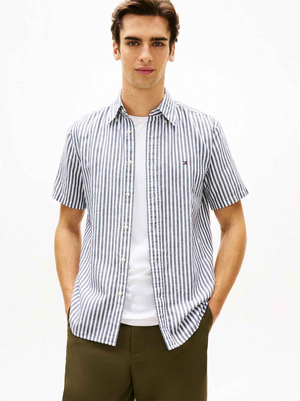 Tommy Hilfiger Męska koszula z krótkim rękawem z lnu Mężczyźni Regular Fit Bawełna czarny, M