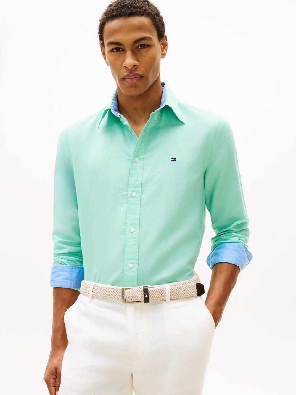 Tommy Hilfiger Męska koszula casual z lnem Mężczyźni Regular Fit len niebieski, S