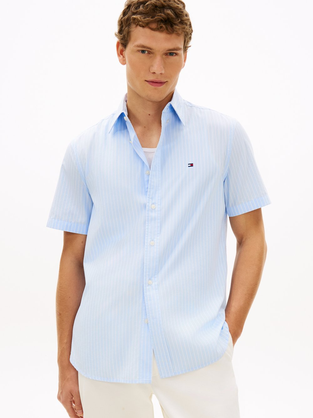 Tommy Hilfiger Męska koszulka z krótkim rękawem Mężczyźni Regular Fit Bawełna niebieski|biały, M
