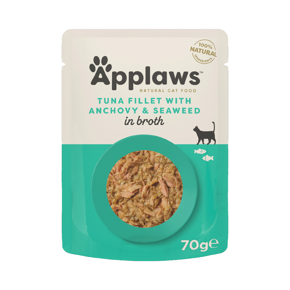 Applaws Natural, saszetki w bulionie, 12 x 70 g - Tuńczyk z sardelami i algami morskimi