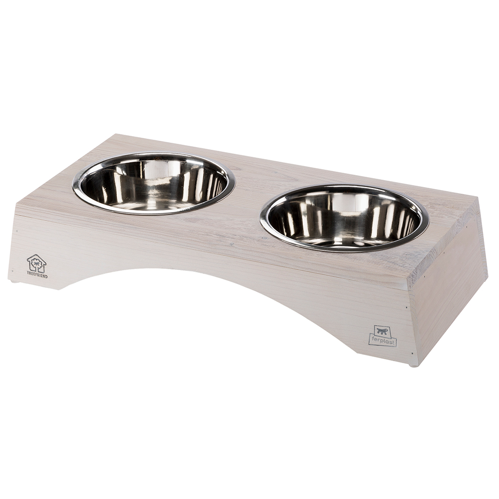 Ferplast Legno, stojak z drewna z dwiema miskami - 2 x 1,2 l,  dł. x szer. x wys.: 49,5 x 23 x 9,6 cm