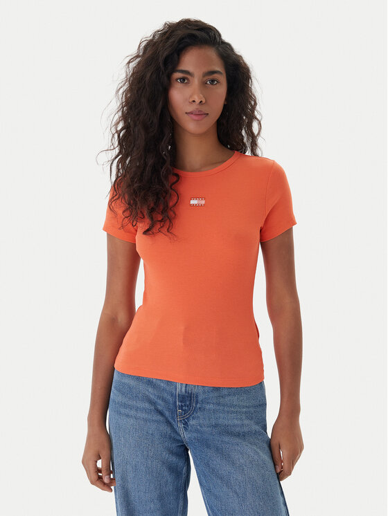 Tommy Jeans T-Shirt Badge DW0DW17881 Pomarańczowy Slim Fit