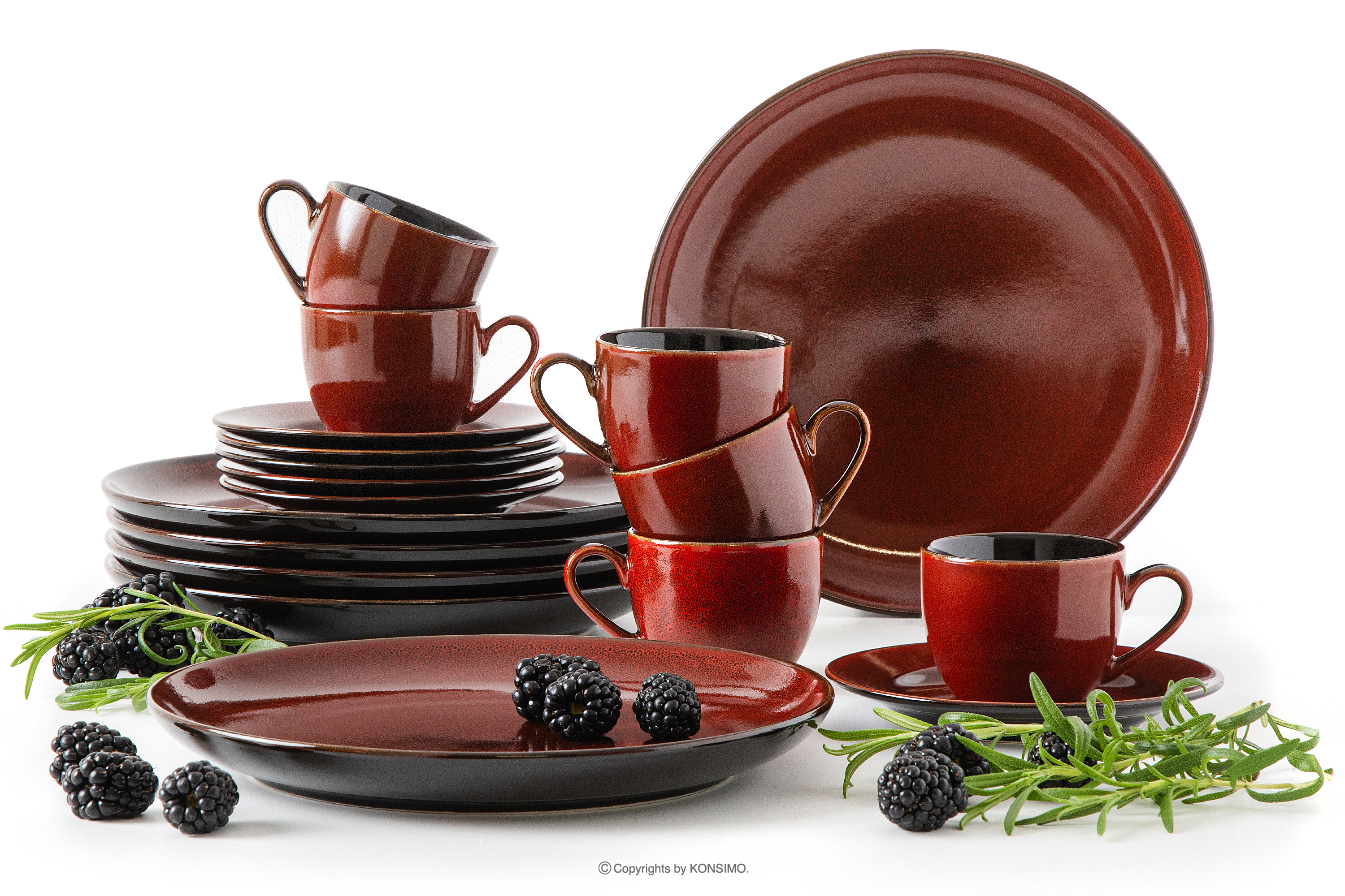 Zestaw kawowy espresso ceramika / szkliwo reaktywne czerwony/czarny połysk 6 os. (18 el.) GAMBIA