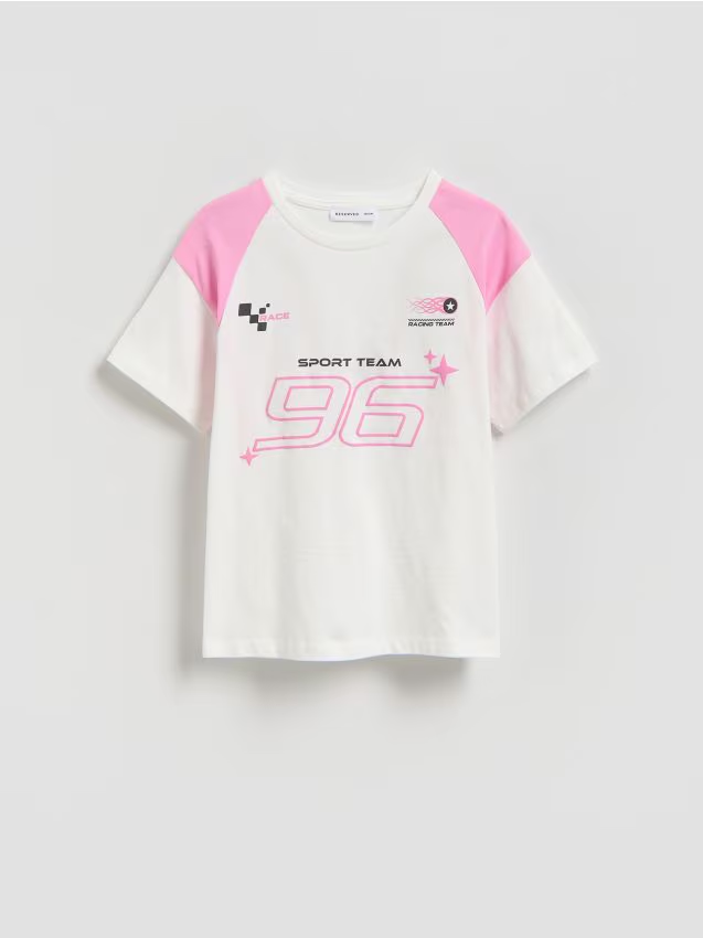 Reserved - T-shirt z sportowym nadrukiem - złamana biel