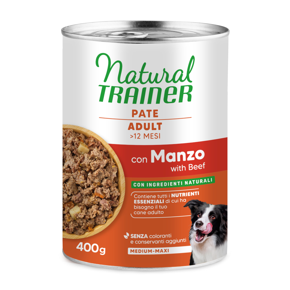 2 + 1 gratis! Natural Trainer, karma mokra dla psa, 3 x 100 g / 3 x 400 g - Pate Medium & Maxi Adult, wołowina w puszkach, 3 x 400 g