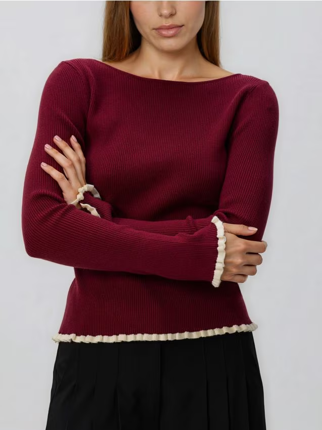 Reserved - Sweter z ozdobnym wykończeniem - bordowy